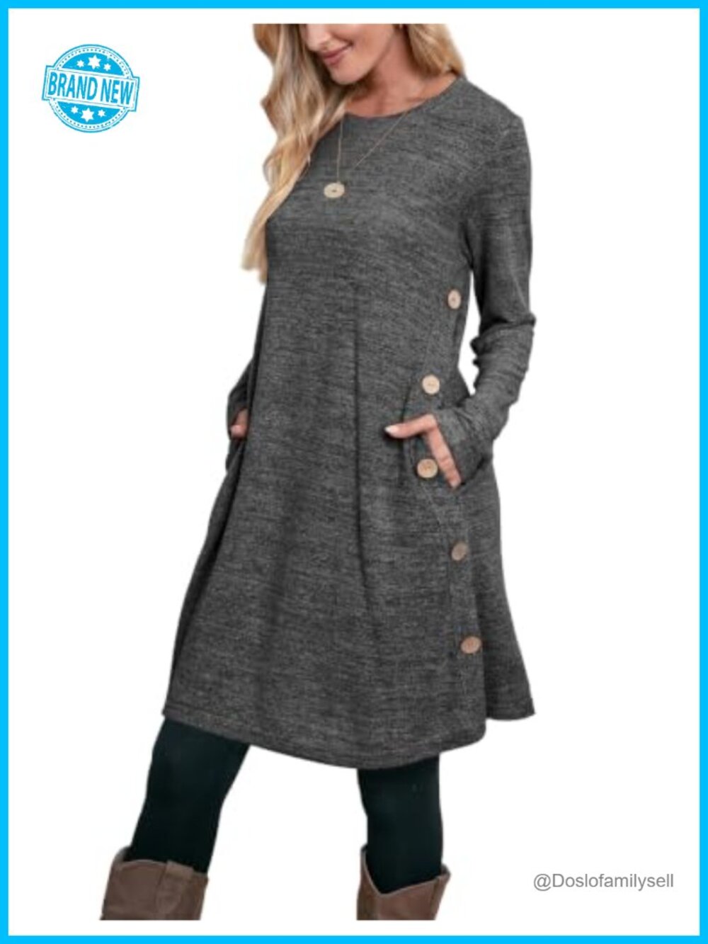 Women's Long Sleeve Tunic Dress with Pockets and Buttons